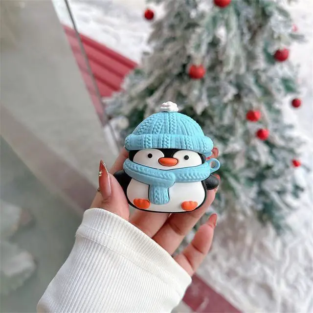 Alt view image 5 of 7 - Charging Earphone Case Compatible with Airpods 4,Christmas Cute Animal Hat Penguin Design Soft Silicone Full Body Protective Skin Cover, Kids Girls Women Cartoon Earbuds Accessories with Pendant
