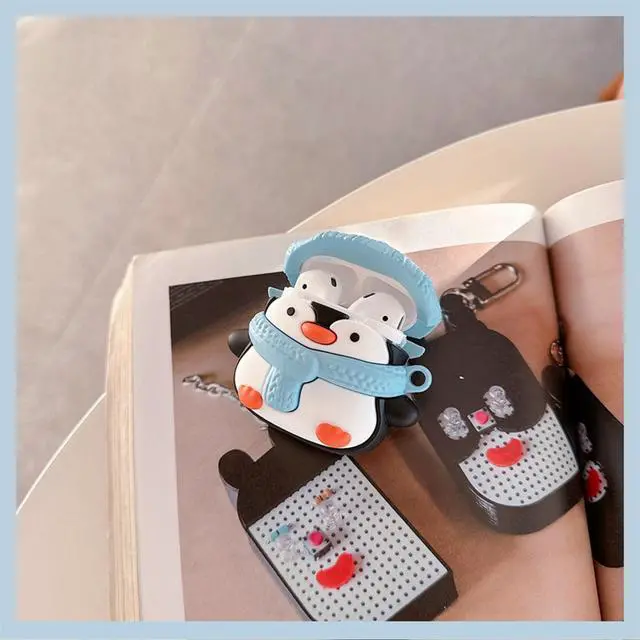 Alt view image 7 of 7 - Charging Earphone Case Compatible with Airpods 4,Christmas Cute Animal Hat Penguin Design Soft Silicone Full Body Protective Skin Cover, Kids Girls Women Cartoon Earbuds Accessories with Pendant