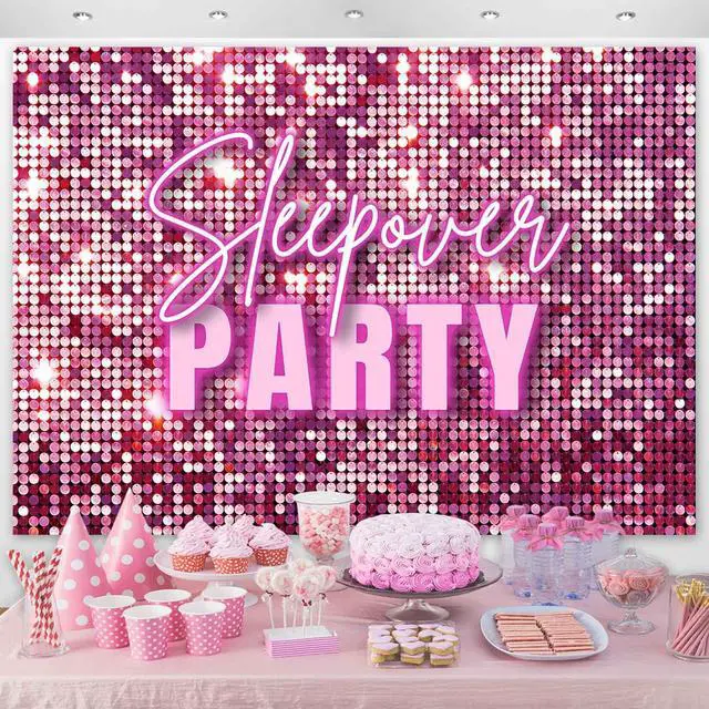 Alt view image 2 of 7 - Sleepover Party Backdrop Pajamas Slumber Party Decorations for Girls Birthday Pink Glitter Shimmer Wall Photography Background Girls Night Bachelorette Party Banner Supplies Photo Props 7x5ft