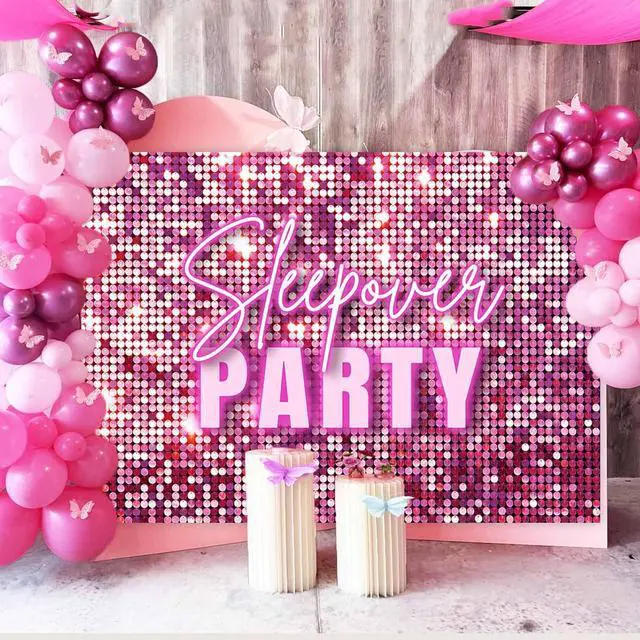 Alt view image 3 of 7 - Sleepover Party Backdrop Pajamas Slumber Party Decorations for Girls Birthday Pink Glitter Shimmer Wall Photography Background Girls Night Bachelorette Party Banner Supplies Photo Props 7x5ft