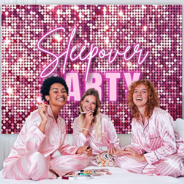 Alt view image 4 of 7 - Sleepover Party Backdrop Pajamas Slumber Party Decorations for Girls Birthday Pink Glitter Shimmer Wall Photography Background Girls Night Bachelorette Party Banner Supplies Photo Props 7x5ft