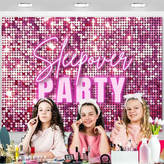 Alt view image 5 of 7 - Sleepover Party Backdrop Pajamas Slumber Party Decorations for Girls Birthday Pink Glitter Shimmer Wall Photography Background Girls Night Bachelorette Party Banner Supplies Photo Props 7x5ft