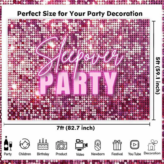 Alt view image 6 of 7 - Sleepover Party Backdrop Pajamas Slumber Party Decorations for Girls Birthday Pink Glitter Shimmer Wall Photography Background Girls Night Bachelorette Party Banner Supplies Photo Props 7x5ft
