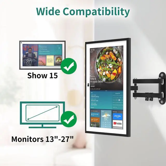 Alt view image 2 of 6 - Wall Mount for Show 15 & 13-27 Inch Monitors TVs, Adjustable Shelf | Black, 17" Extension Arm, Full Motion Rotation Swivel Tilt Wall Mounting Stand Bracket, Hold Up to 33lbs