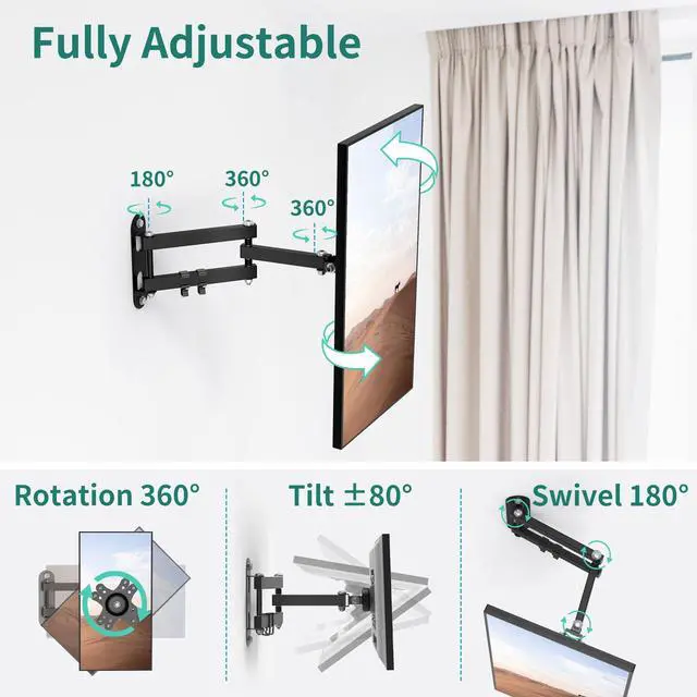 Alt view image 3 of 6 - Wall Mount for Show 15 & 13-27 Inch Monitors TVs, Adjustable Shelf | Black, 17" Extension Arm, Full Motion Rotation Swivel Tilt Wall Mounting Stand Bracket, Hold Up to 33lbs