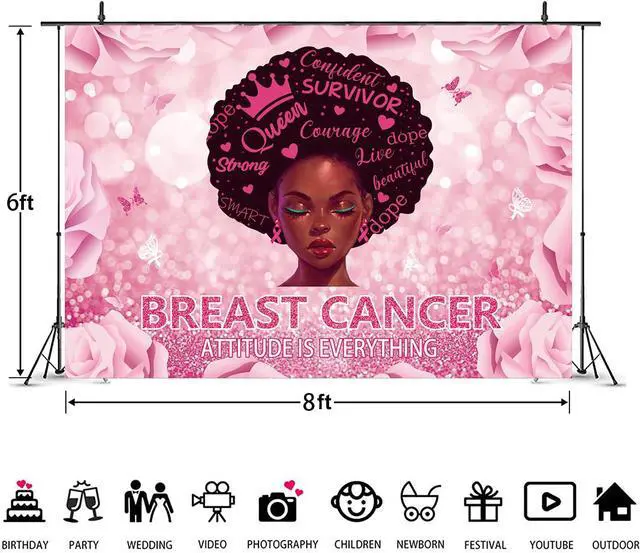 Alt view image 6 of 7 - Breast Cancer Awareness Backdrop Attiudes is Everything Pink Ribbon Support Photography Background October Breast Cancer Promotion Fight Party Decoration 8x6FT