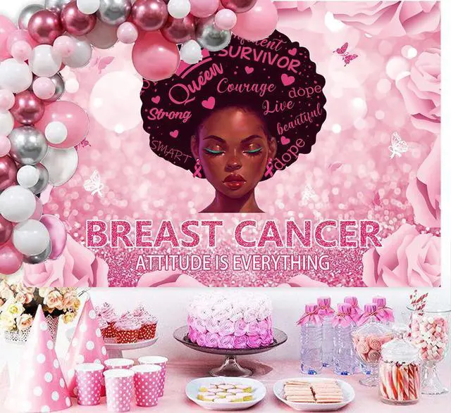 Alt view image 3 of 7 - Breast Cancer Awareness Backdrop Attiudes is Everything Pink Ribbon Support Photography Background October Breast Cancer Promotion Fight Party Decoration 8x6FT