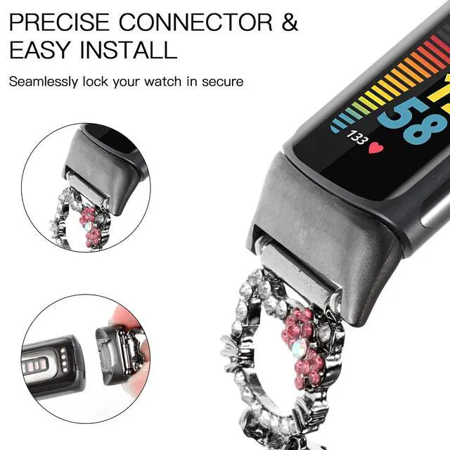 Alt view image 4 of 7 - Metal Band Compatible with Fitbit Charge 6/Charge 5 Bands for Women | Bling Cute Cartoon Charms Bracelet Chain Strap Jewelry Replacement Watchband for Fitbit Charge 5 6 Fitness Tracker