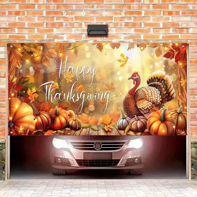 Alt view image 2 of 6 - Thanksgiving Garage Door Cover 13x6ft Polyester Banner | Polyester, Festive Turkey And Pumpkins Thanksgiving Garage Door Cover For Holiday Party, Outdoor Decoration