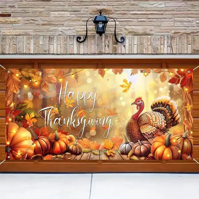 Alt view image 3 of 6 - Thanksgiving Garage Door Cover 13x6ft Polyester Banner | Polyester, Festive Turkey And Pumpkins Thanksgiving Garage Door Cover For Holiday Party, Outdoor Decoration