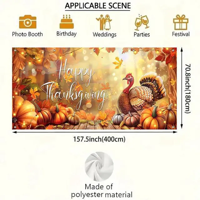 Alt view image 4 of 6 - Thanksgiving Garage Door Cover 13x6ft Polyester Banner | Polyester, Festive Turkey And Pumpkins Thanksgiving Garage Door Cover For Holiday Party, Outdoor Decoration