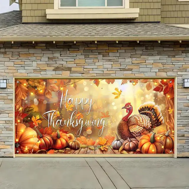 Alt view image 5 of 6 - Thanksgiving Garage Door Cover 13x6ft Polyester Banner | Polyester, Festive Turkey And Pumpkins Thanksgiving Garage Door Cover For Holiday Party, Outdoor Decoration