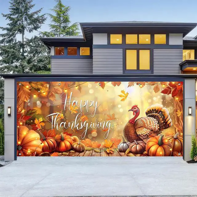 Alt view image 6 of 6 - Thanksgiving Garage Door Cover 13x6ft Polyester Banner | Polyester, Festive Turkey And Pumpkins Thanksgiving Garage Door Cover For Holiday Party, Outdoor Decoration