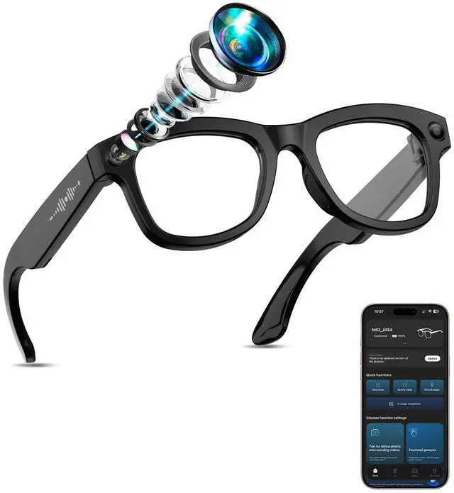 Main image of AI Smart Glasses with Camera Stabilization - 8MP POV Video Recording, Real-Time AI Translation, Smart Assistant, Dual-Mic Noise Canceling for Travel & Meetings - Anti-Blue Light, Black Frame
