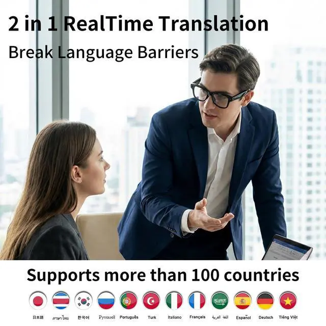 Alt view image 3 of 6 - AI Smart Glasses with Camera Stabilization - 8MP POV Video Recording, Real-Time AI Translation, Smart Assistant, Dual-Mic Noise Canceling for Travel & Meetings - Anti-Blue Light, Black Frame