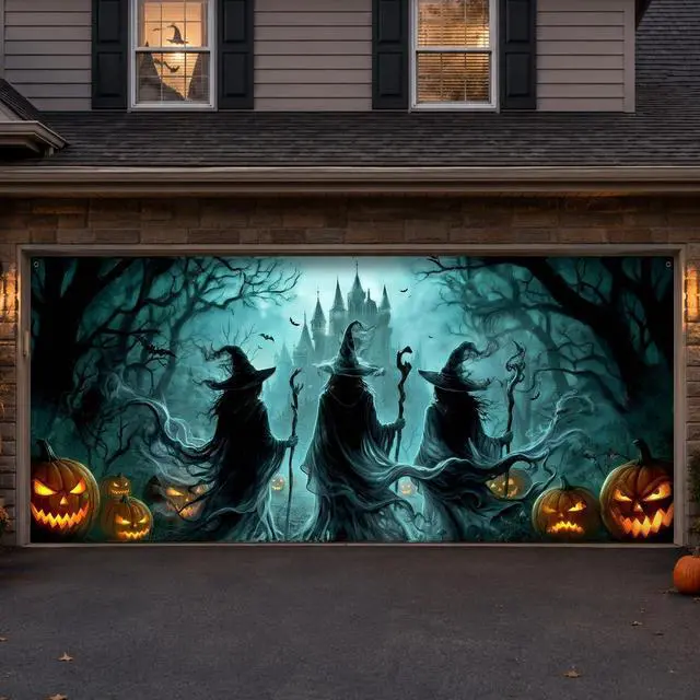 Main image of Halloween Garage Door Cover, 7 x 16 Ft 3 Witches Silhouette Double Car Garage Buddy Halloween Decorations, Large Scary Banner Decor with Accessories for Home Wall Yard Patio Party Supplies Outside