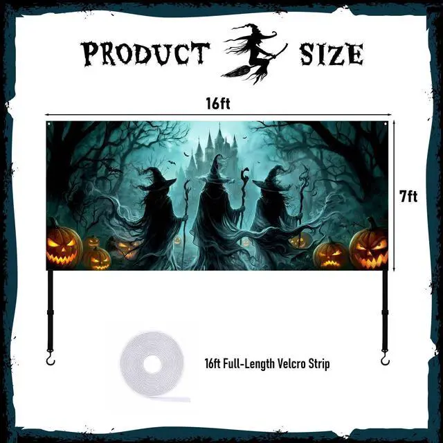 Alt view image 2 of 6 - Halloween Garage Door Cover, 7 x 16 Ft 3 Witches Silhouette Double Car Garage Buddy Halloween Decorations, Large Scary Banner Decor with Accessories for Home Wall Yard Patio Party Supplies Outside