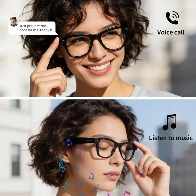 Alt view image 4 of 6 - AI Smart Glasses with Camera Stabilization - 8MP POV Video Recording, Real-Time AI Translation, Smart Assistant, Dual-Mic Noise Canceling for Travel & Meetings - Anti-Blue Light, Black Frame