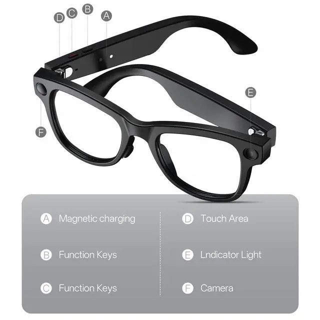 Alt view image 6 of 6 - AI Smart Glasses with Camera Stabilization - 8MP POV Video Recording, Real-Time AI Translation, Smart Assistant, Dual-Mic Noise Canceling for Travel & Meetings - Anti-Blue Light, Black Frame