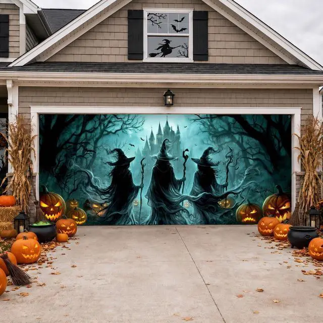 Alt view image 5 of 6 - Halloween Garage Door Cover, 7 x 16 Ft 3 Witches Silhouette Double Car Garage Buddy Halloween Decorations, Large Scary Banner Decor with Accessories for Home Wall Yard Patio Party Supplies Outside
