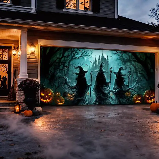 Alt view image 6 of 6 - Halloween Garage Door Cover, 7 x 16 Ft 3 Witches Silhouette Double Car Garage Buddy Halloween Decorations, Large Scary Banner Decor with Accessories for Home Wall Yard Patio Party Supplies Outside