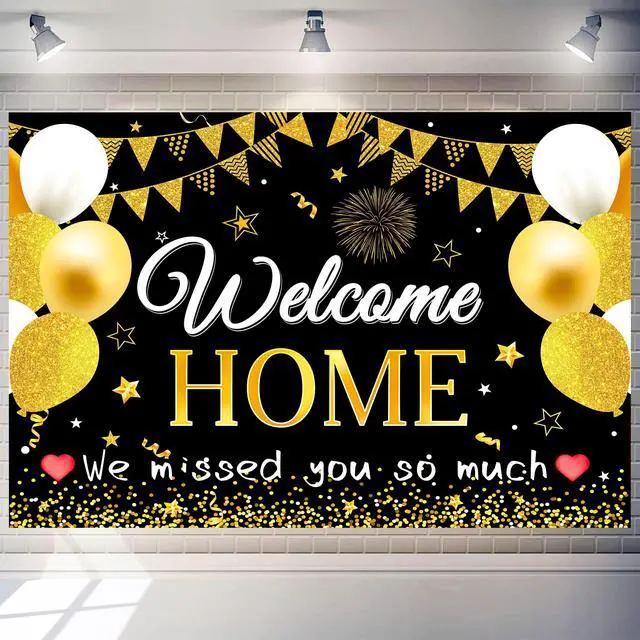 Main image of Welcome Home Backdrop 8X6 ft Large Party Background Decoration,Black and Gold Design with Balloons and Banner Flags, Photo Background for Homecoming Celebrations