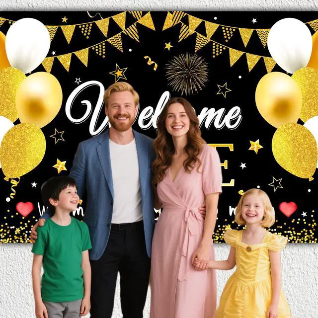 Alt view image 2 of 7 - Welcome Home Backdrop 8X6 ft Large Party Background Decoration,Black and Gold Design with Balloons and Banner Flags, Photo Background for Homecoming Celebrations