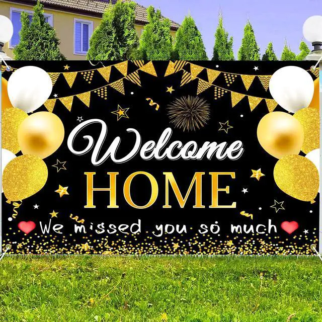 Alt view image 3 of 7 - Welcome Home Backdrop 8X6 ft Large Party Background Decoration,Black and Gold Design with Balloons and Banner Flags, Photo Background for Homecoming Celebrations