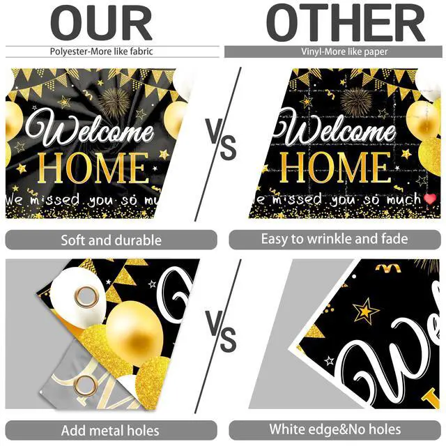 Alt view image 5 of 7 - Welcome Home Backdrop 8X6 ft Large Party Background Decoration,Black and Gold Design with Balloons and Banner Flags, Photo Background for Homecoming Celebrations