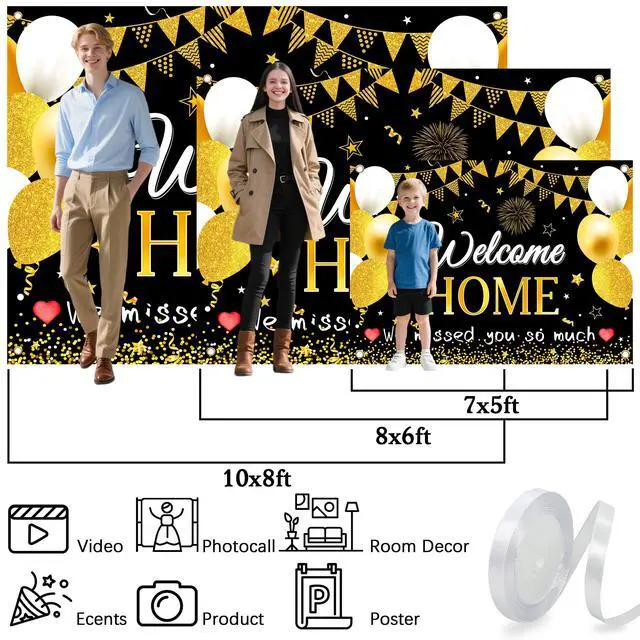Alt view image 6 of 7 - Welcome Home Backdrop 8X6 ft Large Party Background Decoration,Black and Gold Design with Balloons and Banner Flags, Photo Background for Homecoming Celebrations