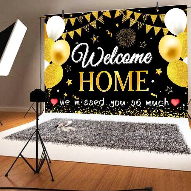 Alt view image 7 of 7 - Welcome Home Backdrop 8X6 ft Large Party Background Decoration,Black and Gold Design with Balloons and Banner Flags, Photo Background for Homecoming Celebrations