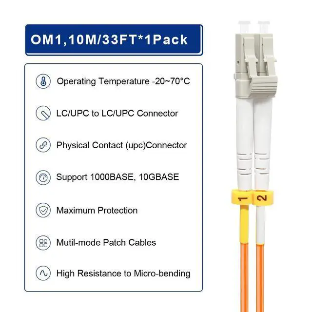 Alt view image 4 of 6 - LC to LC Fiber Patch Cable OM1 Multimode 10M/33ft | Duplex, 62.5/125um MMF, MM Multi mode Fiber Jumper, For 1G Transceivers, Fully Pre-Tested, LSZH
