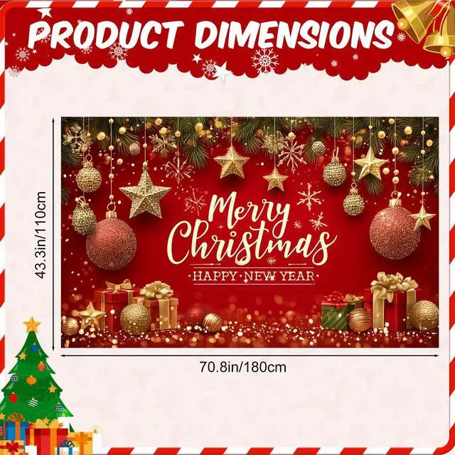 Alt view image 3 of 6 - Merry Christmas Banner Decoration New Year Outdoor Flag Indoor Home Decor Party Supplies Yard Sign Background for Photography (Red, 71x43 Inch)