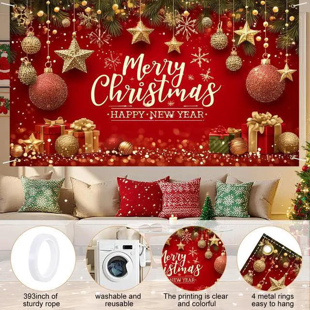Alt view image 5 of 6 - Merry Christmas Banner Decoration New Year Outdoor Flag Indoor Home Decor Party Supplies Yard Sign Background for Photography (Red, 71x43 Inch)