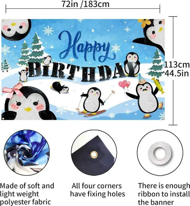 Alt view image 2 of 5 - Penguin Happy Birthday Backdrop Penguin Snowflake Theme Birthday Backdrop for Winter Christmas Girl Princess Boy 1st Birthday Party Cake Table Banner Photo Booth Photography Supplies 6X4ft