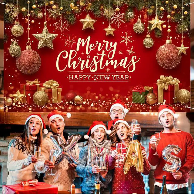 Alt view image 6 of 6 - Merry Christmas Banner Decoration New Year Outdoor Flag Indoor Home Decor Party Supplies Yard Sign Background for Photography (Red, 71x43 Inch)