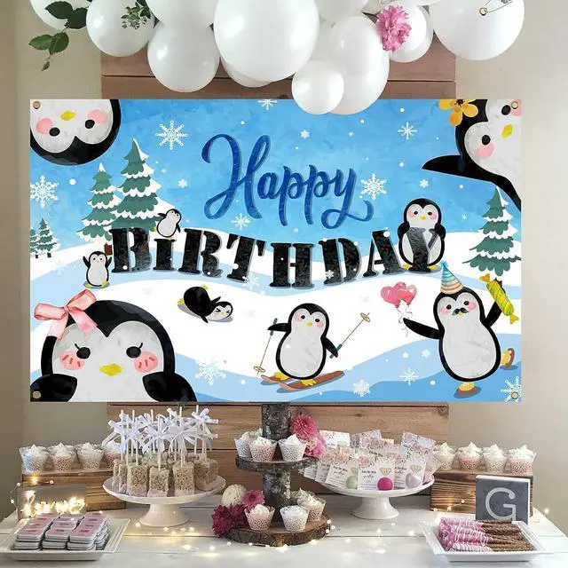 Alt view image 3 of 5 - Penguin Happy Birthday Backdrop Penguin Snowflake Theme Birthday Backdrop for Winter Christmas Girl Princess Boy 1st Birthday Party Cake Table Banner Photo Booth Photography Supplies 6X4ft