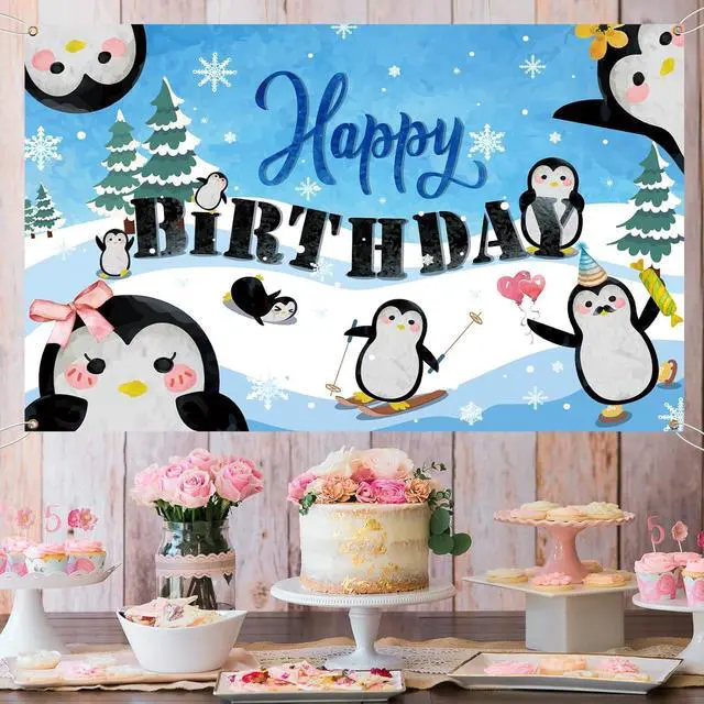 Alt view image 5 of 5 - Penguin Happy Birthday Backdrop Penguin Snowflake Theme Birthday Backdrop for Winter Christmas Girl Princess Boy 1st Birthday Party Cake Table Banner Photo Booth Photography Supplies 6X4ft