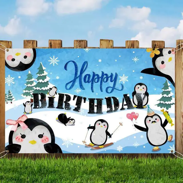 Alt view image 4 of 5 - Penguin Happy Birthday Backdrop Penguin Snowflake Theme Birthday Backdrop for Winter Christmas Girl Princess Boy 1st Birthday Party Cake Table Banner Photo Booth Photography Supplies 6X4ft