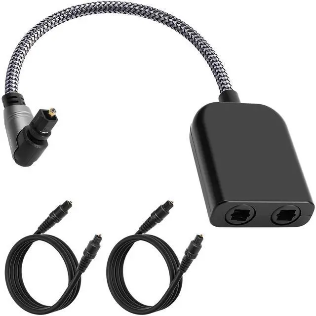 Main image of 90 Degree Digital Optical Adapter Splitter 1 in 2 Out, Right Angle Toslink Digital Audio Fiber Optic Cable Splitter 1x2 for Soundbar, Headphones,TVs -with 2 Optical Audio Cables 6 Feet