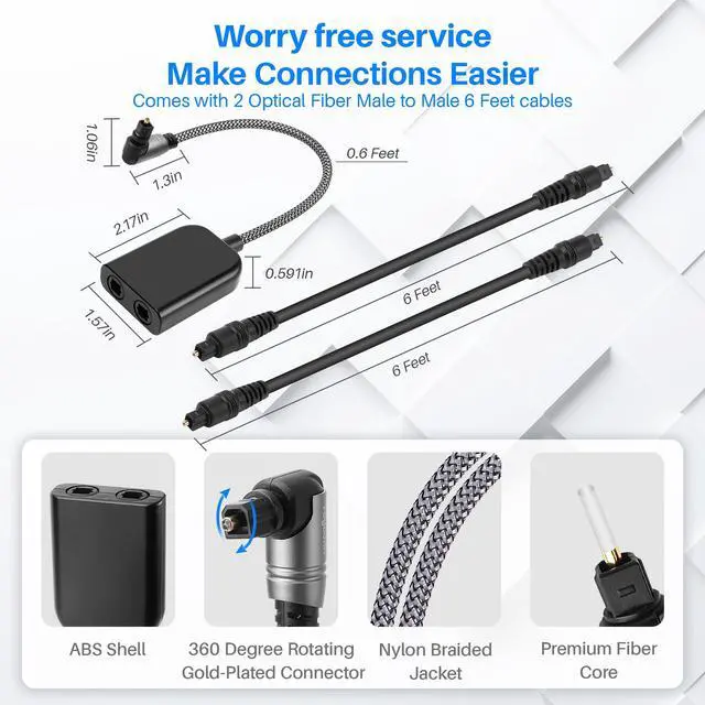 Alt view image 2 of 6 - 90 Degree Digital Optical Adapter Splitter 1 in 2 Out, Right Angle Toslink Digital Audio Fiber Optic Cable Splitter 1x2 for Soundbar, Headphones,TVs -with 2 Optical Audio Cables 6 Feet