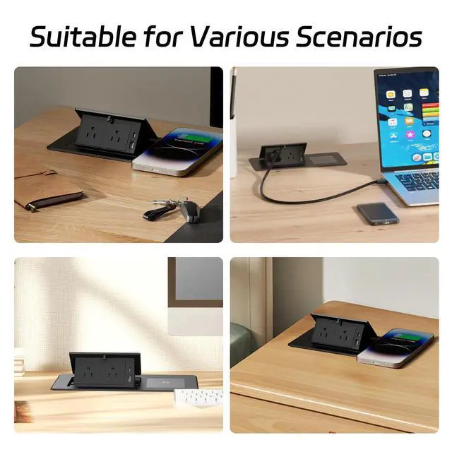 Alt view image 3 of 6 - Pop Up Power Strip with 2 AC,1 USB A/C Port and Wireless Charging,Recessed Power Outlet with 20W PD USB A,USB C Port and 15W Wireless Charging,Desk Outlet with 6ft Cord