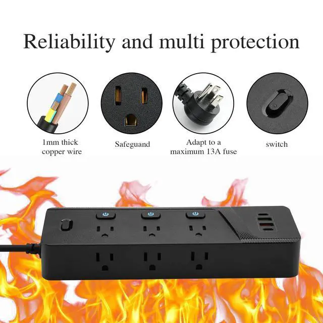 Alt view image 2 of 7 - BOCHLON 6ft Extension Cord with MultipleOutlets, Flat Plug Power Plate with Long Cord, 6Ac Outlets,2 USB A(Qc3.0) and 2 USB-C(PD20W) Ports, Home Office Surge Protection (Black)