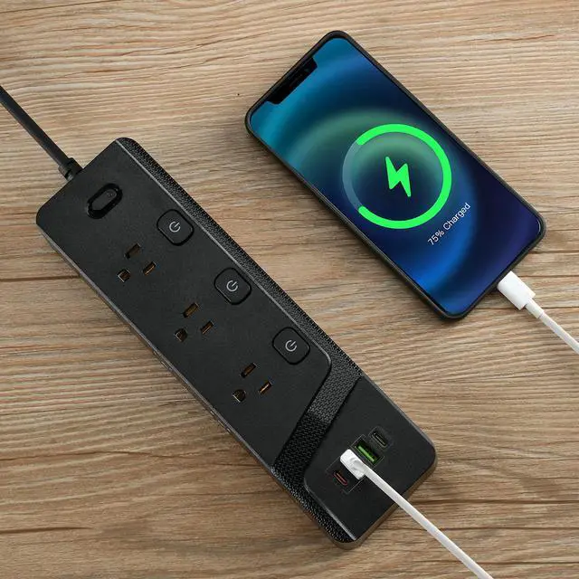 Alt view image 3 of 7 - BOCHLON 6ft Extension Cord with MultipleOutlets, Flat Plug Power Plate with Long Cord, 6Ac Outlets,2 USB A(Qc3.0) and 2 USB-C(PD20W) Ports, Home Office Surge Protection (Black)