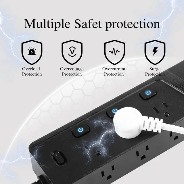Alt view image 4 of 7 - BOCHLON 6ft Extension Cord with MultipleOutlets, Flat Plug Power Plate with Long Cord, 6Ac Outlets,2 USB A(Qc3.0) and 2 USB-C(PD20W) Ports, Home Office Surge Protection (Black)