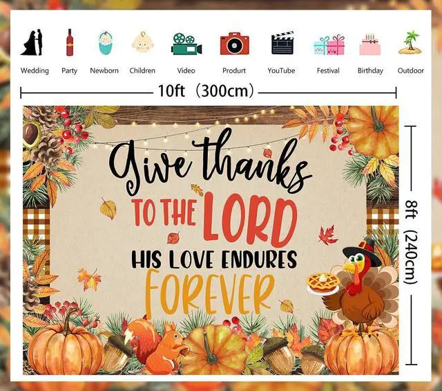 Alt view image 6 of 7 - Give Thanks to The Lord Banner 10x8ft Christian Fall Thanksgiving Backdrop | Happy Thanksgiving Photography Background, Autumn Pumpkin Maple Leaf Banner for Thanksgiving Harvest Party Decor Supplies