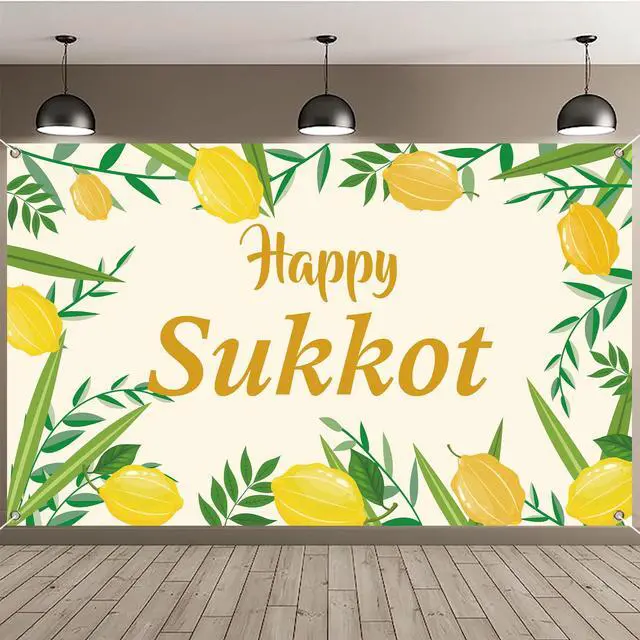 Main image of Happy Sukkot Backdrop Banner with 70.8"X43.3", Happy Sukkah Backdrop Banner, Etrog Lulav Jewish Holiday Photography Background for Photo Booth Wedding Birthday Sukkot Party Decorations