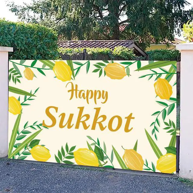 Alt view image 2 of 7 - Happy Sukkot Backdrop Banner with 70.8"X43.3", Happy Sukkah Backdrop Banner, Etrog Lulav Jewish Holiday Photography Background for Photo Booth Wedding Birthday Sukkot Party Decorations