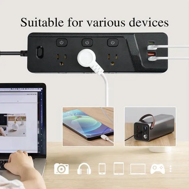 Alt view image 6 of 7 - BOCHLON 6ft Extension Cord with MultipleOutlets, Flat Plug Power Plate with Long Cord, 6Ac Outlets,2 USB A(Qc3.0) and 2 USB-C(PD20W) Ports, Home Office Surge Protection (Black)