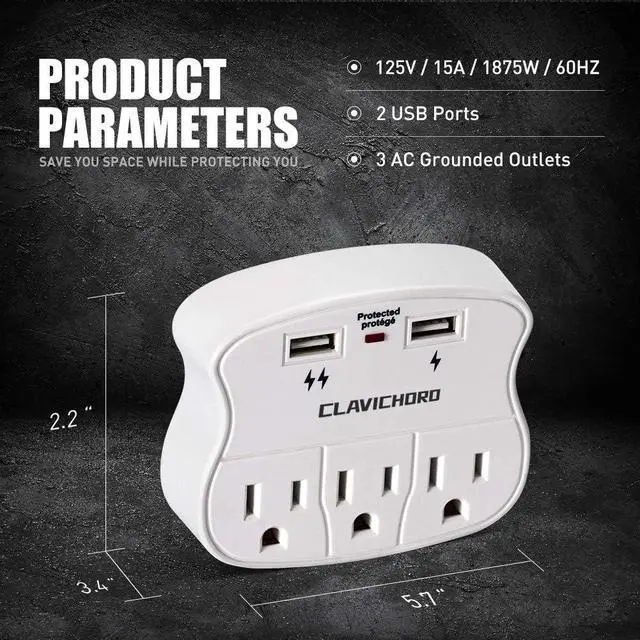 Alt view image 2 of 6 - Multi Plug Wall Outlet, 3 Outlet 2 USB Surge Protector with LED Indicator | 15A 125V 1875W 60Hz, smart fast charging, flame retardant, compact & travel friendly, ETL certified safety for TV/PC/phone